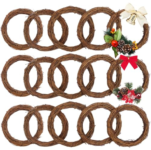 Yiksonyo 15 Pcs 8 Inch Natural Grapevine Wreath Set, Natural Rattan Wreath,Hand-Woven 8 Inch Vine Branch Wreaths, Perfect for DIY Crafts, Christmas Decorations, and Wedding Supplies
