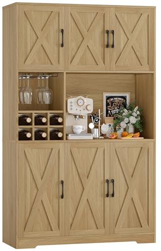 HOCSOK Alacena de Cocina，Armario Cocina con 6 Puertas, Soporte para Copas, Botellero Vino, Mueble de Cocina con Soporte para Microondas, para Comedor Y Sala De Estar, Blanco, 106x37x180 cm