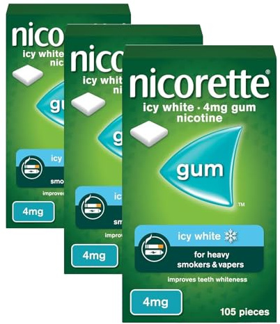 Nicorette ICY White 4mg Gum (105 Pieces), Discreet Stop Smoking and Stop Vaping Aid to Help You Quit for Good, Tackle Cravings and Withdrawal Symptoms, Nicotine Gum (Quit Smoking or Vaping)