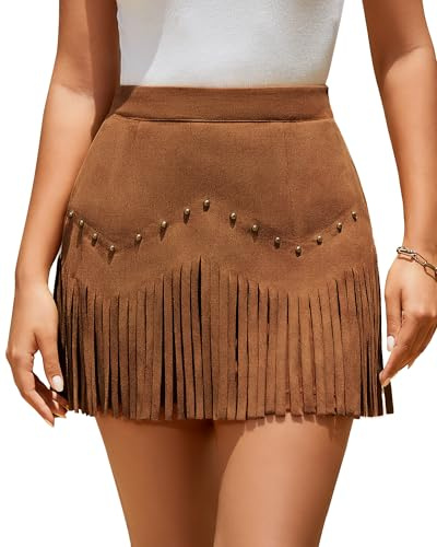 TRIWORKS Women Brown Fringe Skirt with Rivets High Waist Elastic Western Cowgirl Skirts with Zipper Country Concert Outfit M