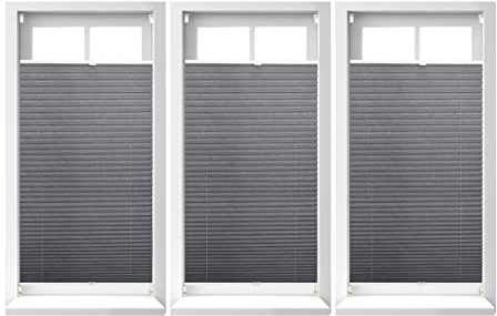 3 x Plissee Rollo ohne Bohren, Klemmfix zum Kleben, Faltrollo lichtdurchlässig, Faltstore grau, BxH: 90 x 210 cm