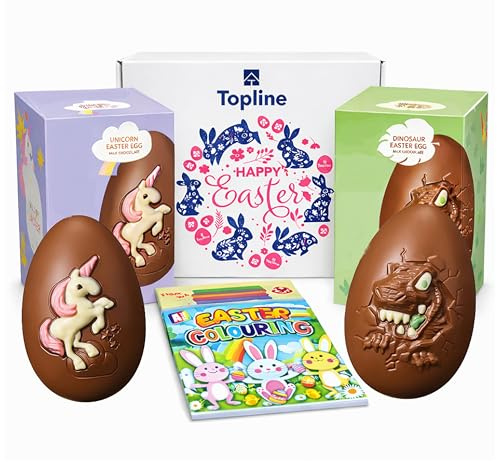 Easter Chocolate Eggs Hamper for Easter Gifts - Milk Chocolate Unicorn & Dinosaur 151g Easter Eggs with Colouring Book. Great Chocolate Hamper for Gifts, Egg Hunts