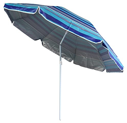 ELLUG gestreifter Sonnenschirm Marktschirm Sonnenschutz UV-Schutz UPF 50+ 180cm aus Stahl mit Kippfunktion höhenverstellbar Strandschirm Balkonschirm Gartenschirm (Blau)