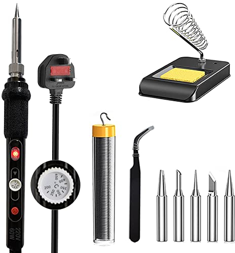 Soldering Iron Kit Electric with Switch 60W Adjustable Temperature200℃ - 450 ℃ Soldering Gun Welding Tools, Solder Wire Tube/Soldering Stand/5pcs Replacement Tips/Tweezers
