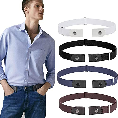 WERFORU 4 Pieces Men's No Buckle Belts Buckle Free Belt No Show Elastic Belts Durable Adjustable Invisible Waist Belt Buckless Stretch Belt Black/Coffee/Blue/White