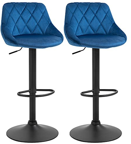 HOMCOM Set 2 Sgabelli da Bar con Altezza Regolabile, Base in Metallo e Seduta Finta Pelle, Sgabelli Alti Moderni Girevoli con Schienale e Poggiapiedi 46x48x83-104cm, Blu