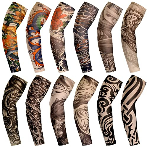 BBTO Set de 12 Pièces Manchons de Bras de Tatouage Faux Manchettes de Bras de Protection Solaire Gants de Bras de Fleur à Élasticité Douce de Cyclisme (Motif Chic)