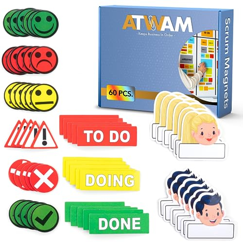 ATWAM 60 Magnetstreifen Beschreibbar Mega Set - Verschiedene Größen - 6 Farben - Scrum & Kanban - Beschreibbare Magnete - Für Whiteboard, Magnettafel, Magnetwand & Kühlschrank