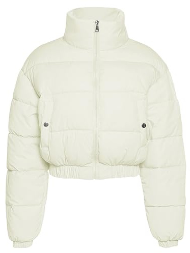 Flygo Cropped Puffer Jacket Women 2025 Winter Warm Zip Up Padded Short Quilted Jackets Down Coat(Beige-M)