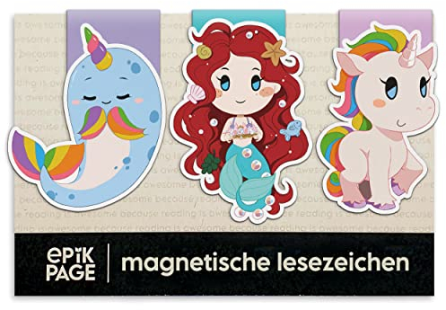 Magnetische Lesezeichen für Mädchen: Einhorn Pferd, Meerjungfrau, Narwal – Kleine Geschenke für Kinder, Schüler – Hochwertige Magnetlesezeichen Mitbringsel – Geschenk Einschulung Mädchen – 3er-Set