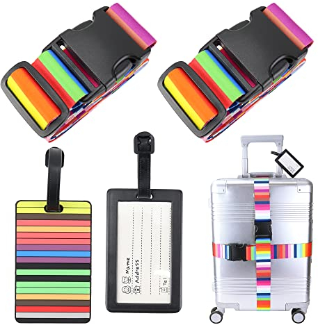 2 Stück Koffergurt mit 2 Gepäckanhänger Kofferband Gurt Bunt Gepäckgurt Travel Accessories,Suitcase Strap Adjustable Multifunktional Luggage Strap für Koffer Gurtband Koffergurte,Regenbogen