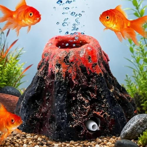 Xlwen Vulcano Acquario Ornamento - Decorazione Vasca per Pesci con Pietra a Bolle d'Aria e Pompa di Ossigeno - Resina Ornamento per Acquario
