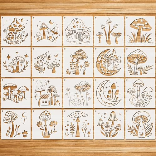 JSRQT 20 Piezas Plantillas para Pintar, Plantillas de Pintura Plástico Reutilizables con Seta, Flor, Luna y Estrella, Stencil Templates para Pintar Sobre Madera, Muro, Lienzo, Muebles, 5.8 Inch