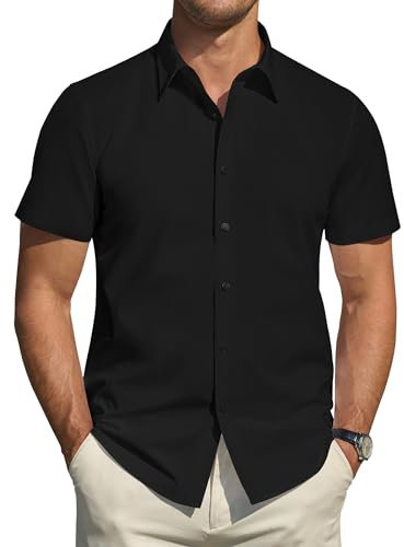 J.VER Men's Short Sleeve Button Up Stretch Dress Shirts Solid Slim Fit Summer Business Formal Shirt Black X-Large
