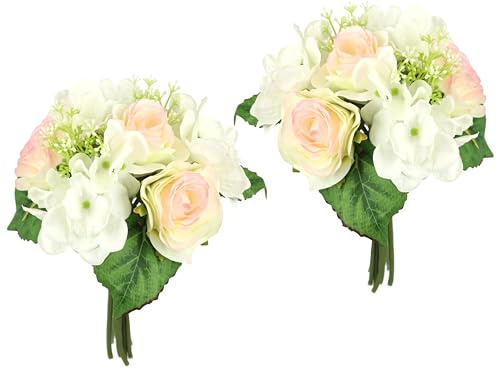 Flair Flower Künstliches Rosenbouquet mit Hortensien Strauß Kunstblumenstrauß Rosen Bouquet Seidenblumen Blumenbouquet Blumenstrauß Hortensienbouquet Kunstblumen Rosen Blumen Hochzeit, Hellrosa