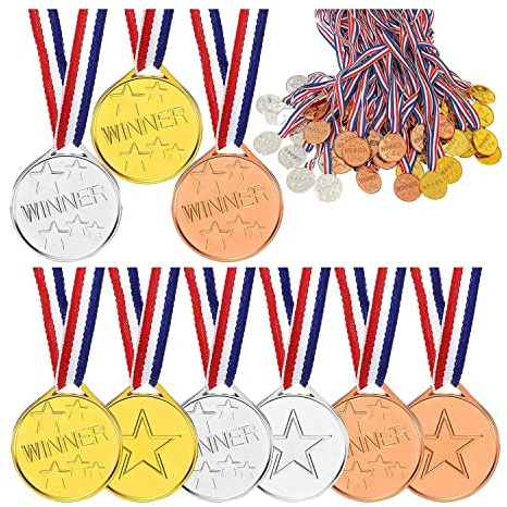 Rhghfujhgy 100 StüCk Kinder Kunststoff Siegermedaillen Siegermedaillen Gold Silber Bronze Siegermedaillen für Partys, Spiele, Sport
