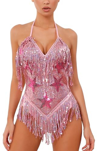 IMEKIS Body Dos Nu À Paillettes Étoilées Avec Frange Pour Femme Col Halter En V Pour Festival De Musique, Soirée, Tenue De Discothèque, Costume Pour Halloween, Carnaval, Rave, rose, M