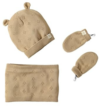 Vertbaudet Mädchen Baby-Set: Mütze mit Ohren, Rundschal & Handschuhe mit Lochmuster beige meliert 74/80
