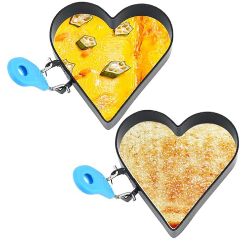 Wedhapy 2 Stück Eierringe Spiegeleierformen antihaftbeschichtet 10,2 cm herzförmige Eierringe zum Braten von Eiern mit Silikongriff Eierform aus Edelstahl zum Frühstück Stil 2