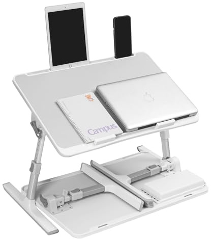 Laptop-Schreibtisch für Bett mit Klappbeinen, Tablet-Slot, Aufbewahrungsschublade und Silikon-Handgelenkpolster – Faltbarer Schoßtisch zum Arbeiten, Schreiben, Essen und Zeichnen