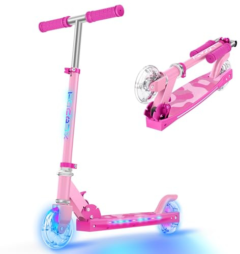 TONBUX Patinete Niños de 5 a 12 Años, Patinete Niños con Poste de Iluminación Fresco, Ruedas y Plataforma, Patinete de Altura Ajustable de Nivel 4, Patinete Ligero Plegable Rosa