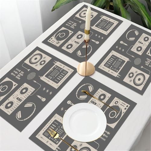 UREJD Tischsets Abwaschbar 4 Set,Vinyl Platzsets Abwaschbar für küche Speisetisch Hotel,Kaffeehaus,Festsaal,Platz-Matten,Audio Musik Verschiedene DJ Technik Recorder Mischpult Equipment Lauts,30x45cm
