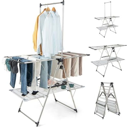 GOPLUS Tendedero Plegable Vertical con Alas Ajustables 70-140 cm | Organizador de Secado con Barra de Colgar, Pinzas para Calcetines, Tela de Malla y Ganchos para Zapatos Interior Exterior