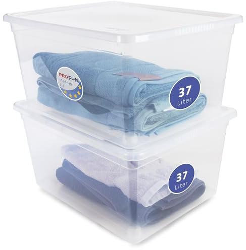 PROFUN Förvaringslåda med lock 37 l – stor plastlåda med lock – stapelbara lådor – förvaringslådor och förvaringslådor förvaring med lock, set om 2