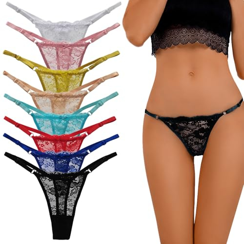 Katslyn 8 PCS Womens Thongs, Lacy G String Thongs for Women, 8 Colors, Sexy, Hollow Low Waist Perspective V-Shaped Design, Suitable for Gifts for Couples, Ladies and Friends Multicolor