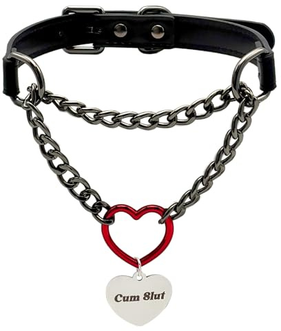 EverGlimp PU Leather Heart Choker – Adjustable Slip Chain Collar with Heart O-Ring & Cuban Chain, Personalized Letter Pendant Necklace for Women