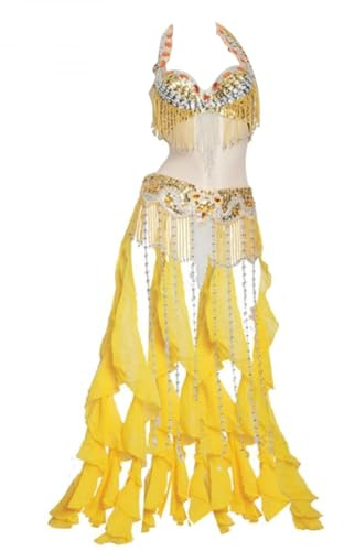 Yaaxinb Bauchtanz Kostüm für Damen Karnevalskostüme Indischer Bollywood Halloween BH und Gürtel Meerjungfrau Kostüm 2-teilig,Gelb,M