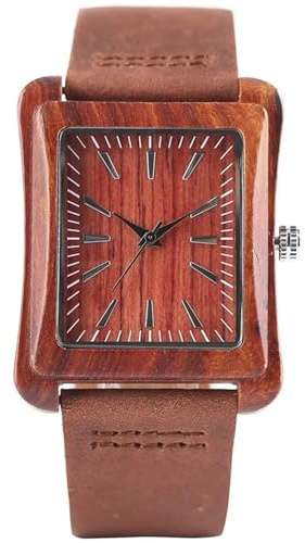 Watch Men Nature Log Wooden Rectangle Quartz Wristwatches Modern Leather Strap Wood Casual Clock(Red Wood)