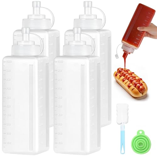 Sinofort 4 Pezzi 1000ml Squeeze Bottle,Biberon Cucina Professionale Dosatore Olio, Quadrato Contenitore Oliera Plastica con 1 spazzole di spugna e 1 imbuto, per Salse,Ketchup,Mayo,Olio d'oliva