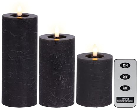 Lumineo LED Kerzen mit Timerfunktion 11-19cm Wachs 3er Set - flackernde Flamme Effekt - Echtwachskerze batteriebetrieben - Wachskerze Stumpenkerze Rustik Grau Warmweiß
