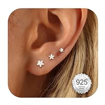 MOGASA 3 par små sterling silver platt baksida örhängen för kvinnor flickor allergivänliga 14K guld dubbar örhänge set stjärna blomma sol zirkon brosk sovörhängen helix piercing smycken 3/4/5 mm