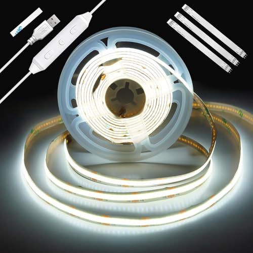 Enteenly Tira LED COB 2 m, Retroiluminación TV USB 5V con Regulador y Función Memoria, Tira LED Regulable sin Puntos para Iluminación Bias TV, Muebles y Ambiente, 6500K