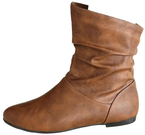 Women's Slouchy Leather Ankle Boots,Low Heel Casual Comfortable Winter Fall Mid Calf Dress Short Boots Fashion Slouchy Ruched Round Toe Slip On Flats Ankle Booties With Side Zipper