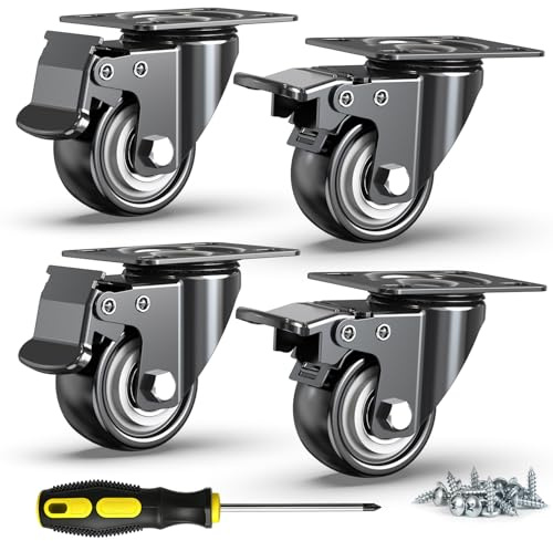 HOLKIE 2 Inch Heavy Duty Caster Wheels Set of 4, Load Capacity 600 lbs Swivel Plate Casters with Dual Total Lock Brake, Noiseless Non-Marring PU Wheels for Workbench, Furniture, Cart, Hardwood Floor