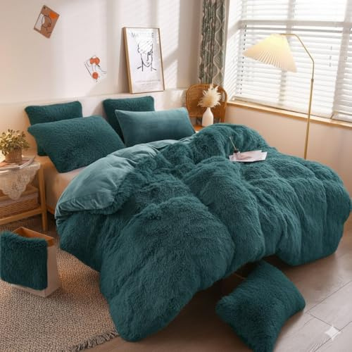 Teddy Fleece Bedding Set, Snuggle Cuddle Hugg Snug Sherpa Duvet Cover with Pillowcase – Super Soft, Fluffy & Warm Thermal Winter Bed Set – Cozy Plush Blanket Feel (Teal, Double)