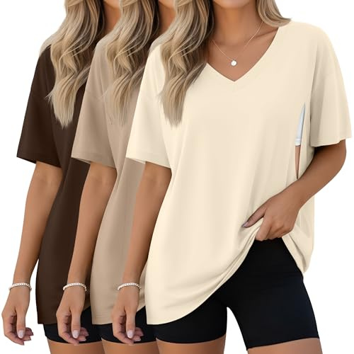 Xuniea 3 Pack Women's Oversize Nursing Shirts,Large,Cream, Khaki, Dark Brown