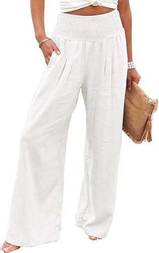 SHEKINI Pantaloni Lino Donna Estivi Pantalone Gamba Larga con Tasche Pantaloni Lunghi da Spiaggia a Vita Alta Eleganti Comodi Casual Pantalone Donna