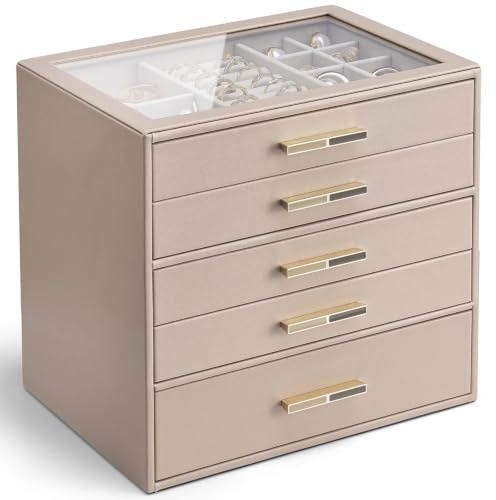 VLANDO Jewellery Storage Box, 5-Tier Organiser with Glass Lid | Generous capacity, dedicated sections, space for growing collections, easy sorting, birthday gift, bedrooms, Toffee