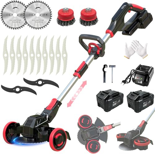 Myeljnergy Akku Rasentrimmer für Makita-Akkus, 21V Rasentrimmer mit Akku | Rasentrimmer mit Unkrautbürste und 2 x 4,0Ah Akku, 2-in-1 Akku Freischneider/Rasenkantenschneider für Garden Trimmen