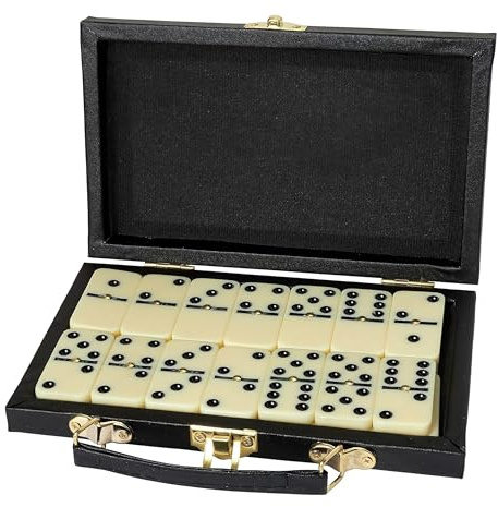 Kicko Domino Set - 28 Pieces Double Six Classic Dominoes in Durable Wooden Brown Box - Fun Mini Board Game for 2-4 Players - Ideal for Boys, Girls, Adults - Family Game Night and Vintage Party Games