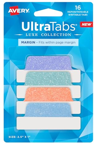 Avery Margin Ultra Tabs, 2.5 x 1, Pastel Sparkle Shimmer Designs, 16 Repositionable Page Tabs (74150)