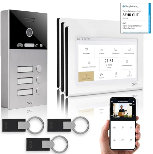 GVS IP Video Türsprechanlage 3 Familienhaus RFID Türöffner - 3X 7 Monitor | Smarte Video Türklingel mit Kamera und Monitor & App - Gegensprechanlage mit Türöffner (AVS4460A)
