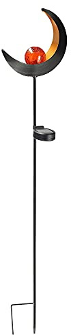 Cepewa Gartenstecker Solar aus Eisen Moon│Innenliegende Rote Solar Glaskugel │Gartenfigur mit Ornamenten (1 x Solar Gartenstecker Moon)