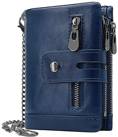 REETEE Mens Wallet RFID Blocking Men's Genuine Leather Wallet and Zipper Coin Pocket Bifold Purse with Chain 16 Credit Card Holder Genuine Leather Gents Wallets Slim Purse (Navy Blue)