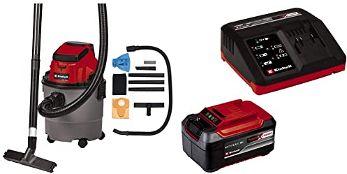 Einhell Aspirateur eaux et poussières sans fil TC-VC 18/15 Li-Solo (li-ion, 18 V, 15 L, 4 roulettes, vendu avec flexible d’aspiration et plusieurs filtres) avec Chargeur et Batterie 5,2Ah