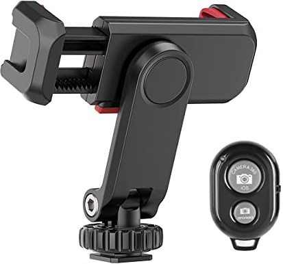 AFAITH Smartphone Stativadapter mit Fernbedienung und doppeltem Kaltschuh, um 360° drehbarer Handy-Stativhalter, Handyklemme für Stativ, kompatibel mit iPhone, Huawei und den meisten Smartphones